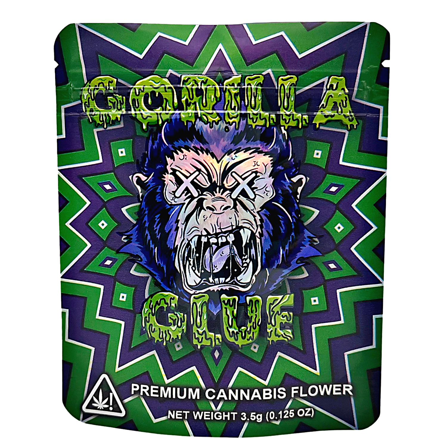 3.5G Mylar Bags, Cannabis Mylar Bags, Where to buy mylar bags, Custom mylar bags near me, Mylar Bags Wholesale. Gorilla Glue packaging with a colorful design and gorilla graphic on a white background