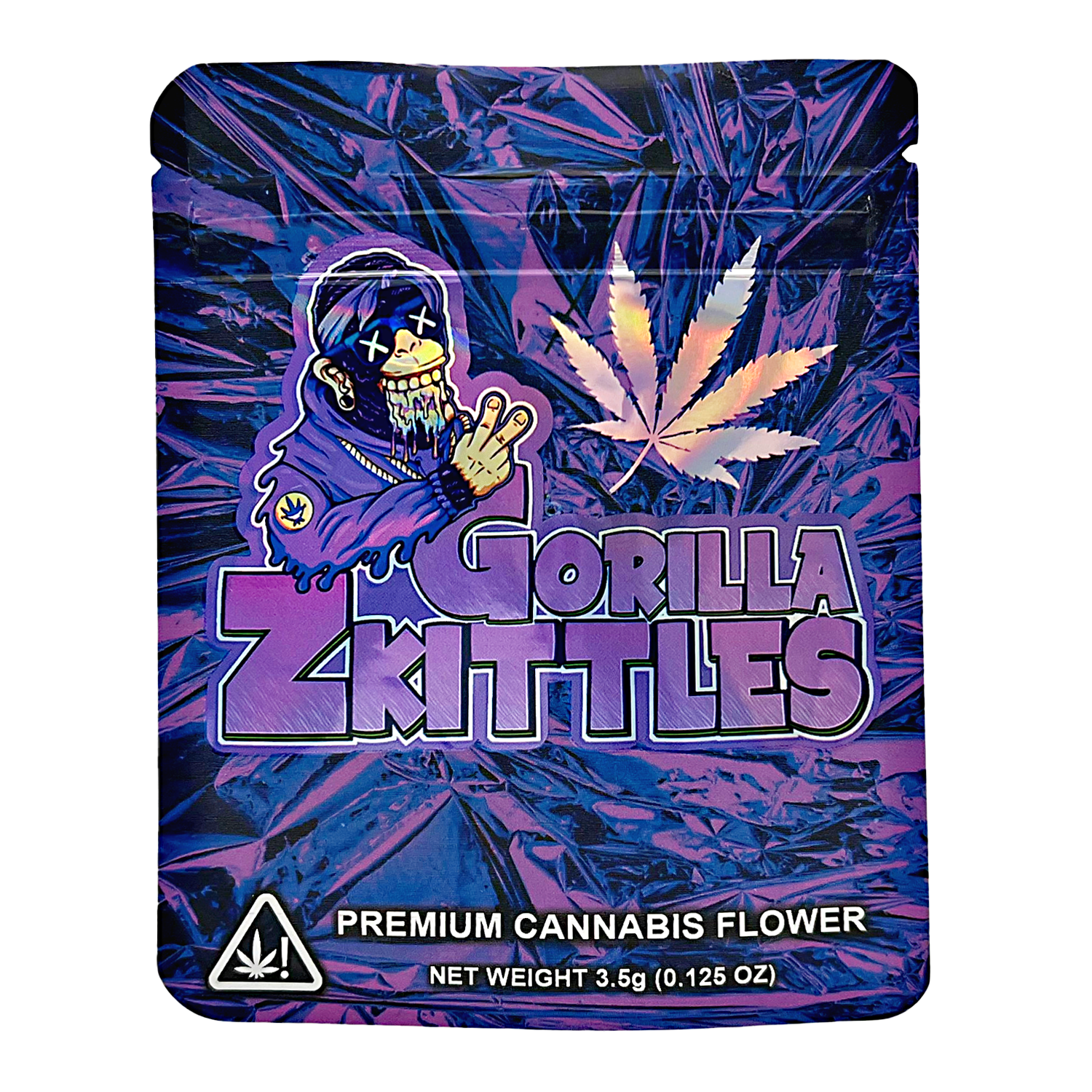 3.5G Mylar Bags, Cannabis Mylar Bags, Where to buy mylar bags, Custom mylar bags near me, Mylar Bags Wholesale. Gorilla Z Kittles cannabis packaging with a stylized character and cannabis leaf design.