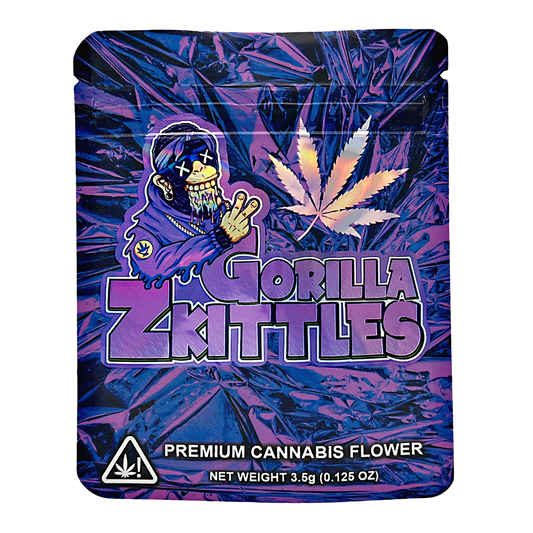 3.5G Mylar Bags, Cannabis Mylar Bags, Where to buy mylar bags, Custom mylar bags near me, Mylar Bags Wholesale. Gorilla Z Kittles cannabis packaging with a stylized character and cannabis leaf design.