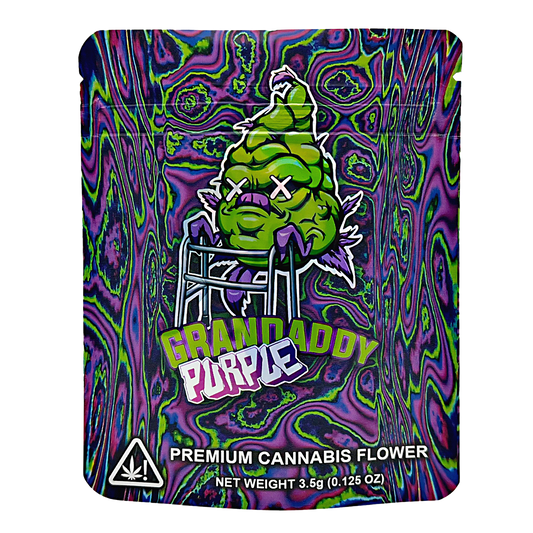 3.5G Mylar Bags, Cannabis Mylar Bags, Where to buy mylar bags, Custom mylar bags near me, Mylar Bags Wholesale. Colorful packaging of Grandaddy Purple premium cannabis flower with abstract design
