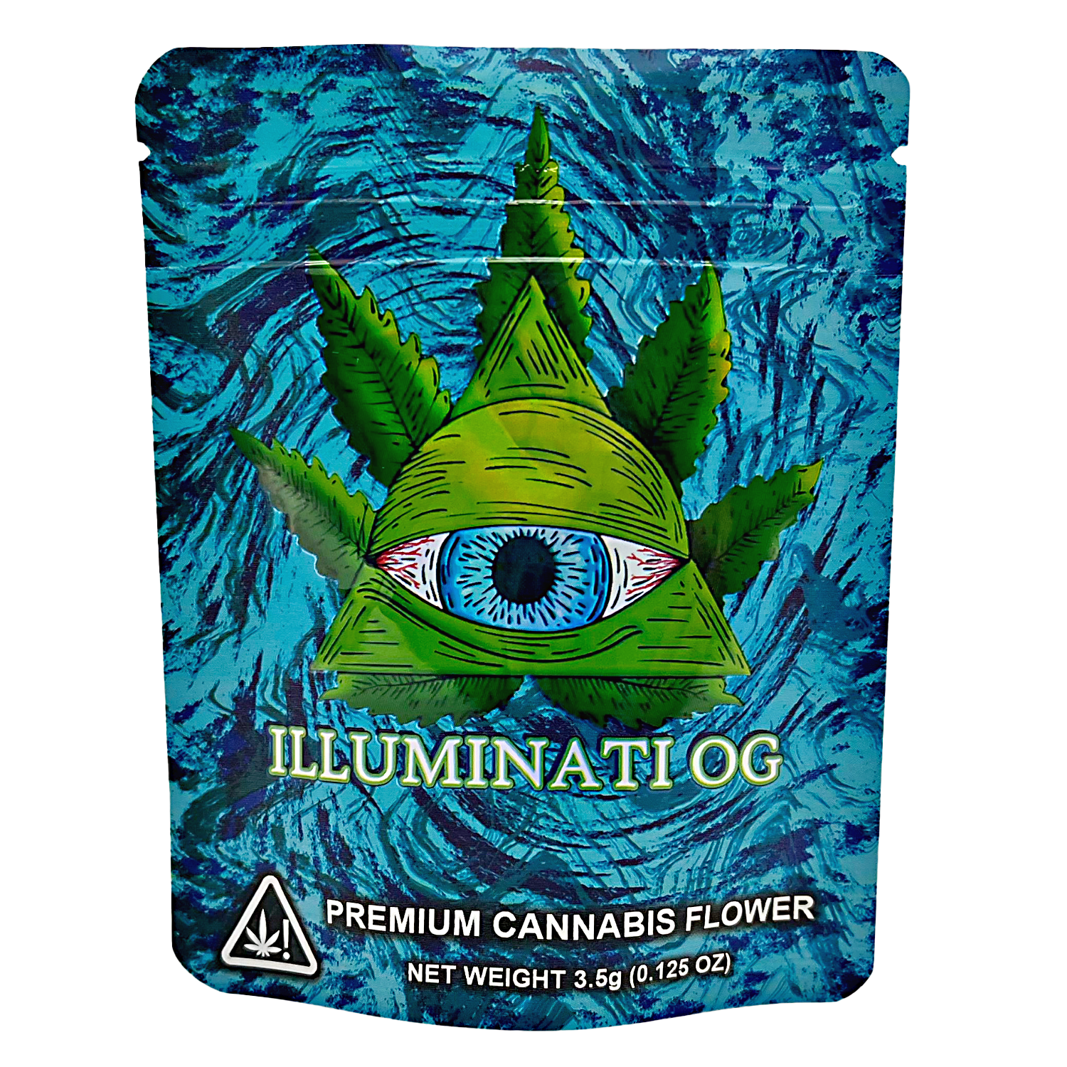 3.5G Mylar Bags, Cannabis Mylar Bags, Where to buy mylar bags, Custom mylar bags near me, Mylar Bags Wholesale. Cannabis packaging with eye design and 'Illuminati OG' branding on a blue background