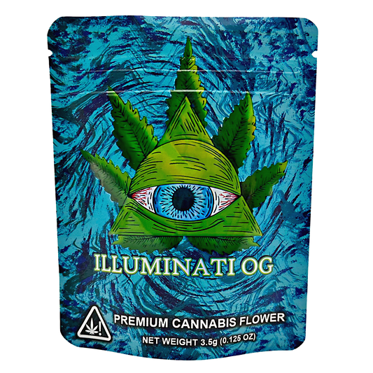 3.5G Mylar Bags, Cannabis Mylar Bags, Where to buy mylar bags, Custom mylar bags near me, Mylar Bags Wholesale. Cannabis packaging with eye design and 'Illuminati OG' branding on a blue background