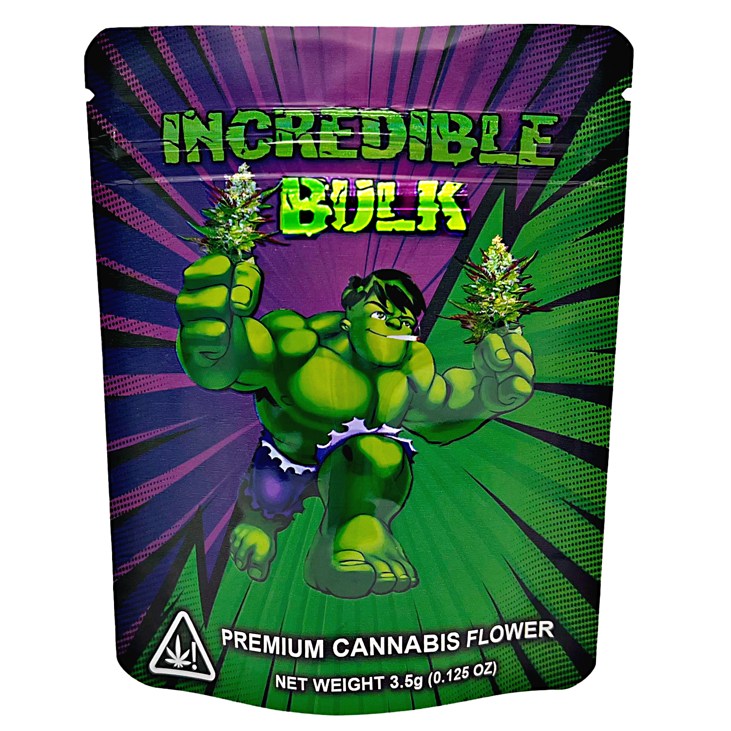 Mylar Bags  Packaging of 'Incredible Bulk' premium cannabis flower with a green superhero character on a purple and green background.