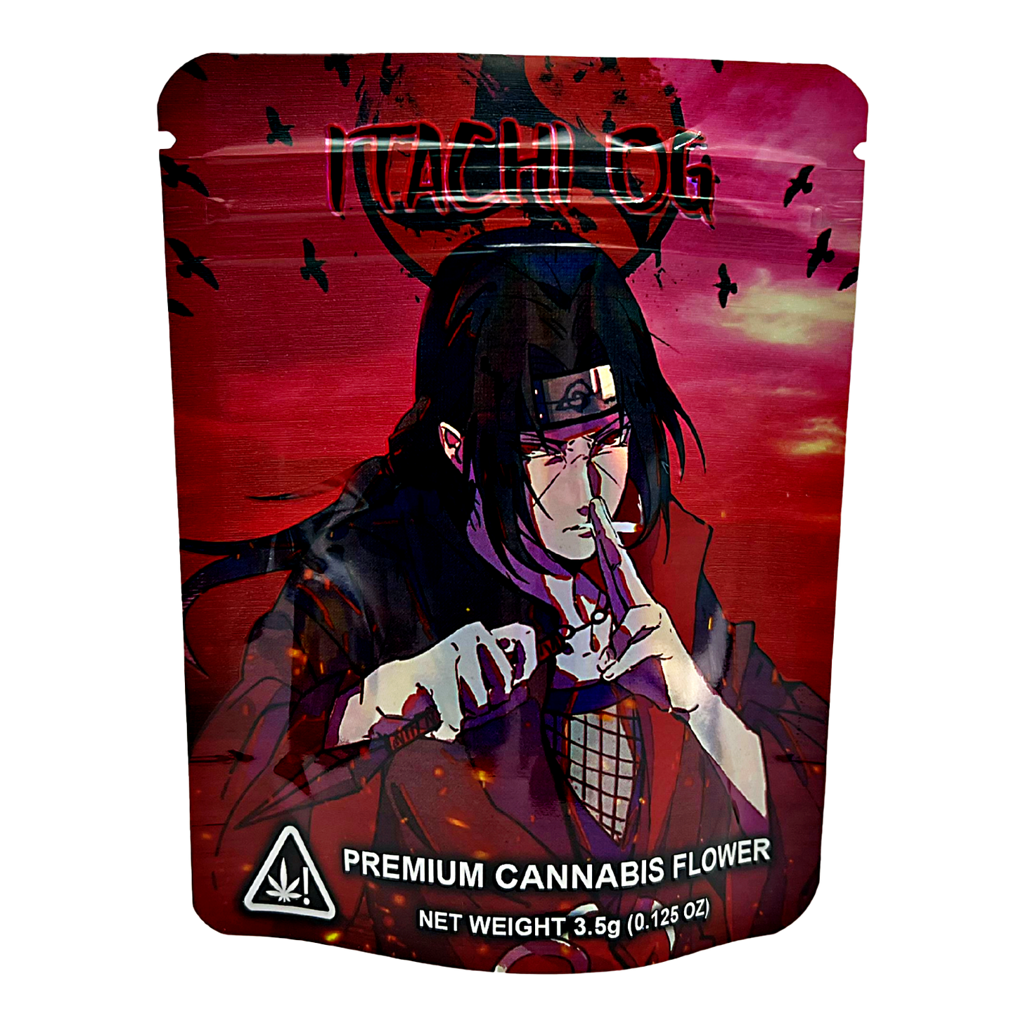 3.5G Mylar Bags, Cannabis Mylar Bags, Where to buy mylar bags, Custom mylar bags near me, Mylar Bags Wholesale. Cannabis packaging with anime-style character on a red background