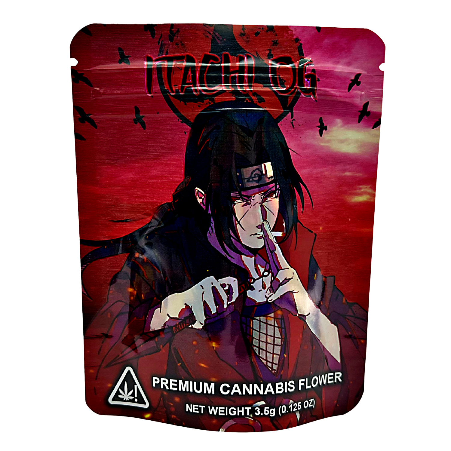 3.5G Mylar Bags, Cannabis Mylar Bags, Where to buy mylar bags, Custom mylar bags near me, Mylar Bags Wholesale. Cannabis packaging with anime-style character on a red background