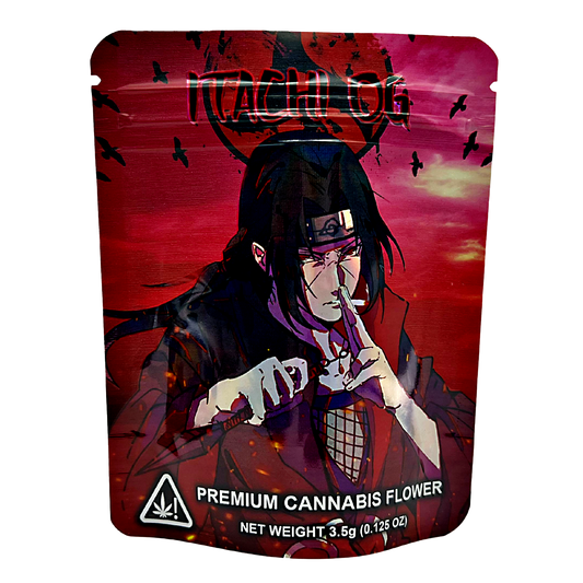 3.5G Mylar Bags, Cannabis Mylar Bags, Where to buy mylar bags, Custom mylar bags near me, Mylar Bags Wholesale. Cannabis packaging with anime-style character on a red background