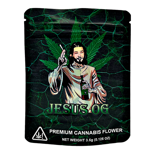 3.5G Mylar Bags, Cannabis Mylar Bags, Where to buy mylar bags, Custom mylar bags near me, Mylar Bags Wholesale. Packaging of 'Jesus OG' premium cannabis flower with a green leaf design.
