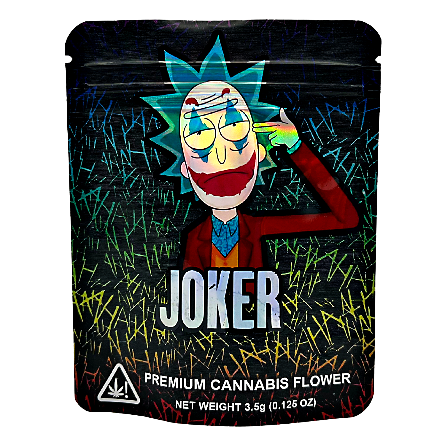3.5G Mylar Bags, Cannabis Mylar Bags, Where to buy mylar bags, Custom mylar bags near me, Mylar Bags Wholesale. Cannabis packaging with a Joker-themed design on a black background
