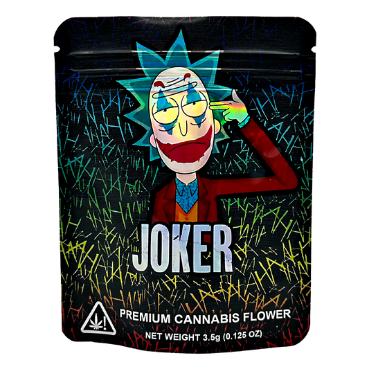 3.5G Mylar Bags, Cannabis Mylar Bags, Where to buy mylar bags, Custom mylar bags near me, Mylar Bags Wholesale. Cannabis packaging with a Joker-themed design on a black background