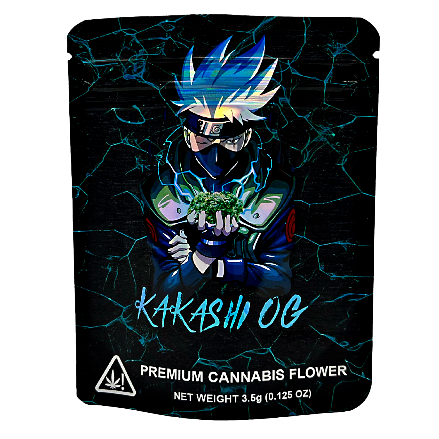 3.5G Mylar Bags, Cannabis Mylar Bags, Where to buy mylar bags, Custom mylar bags near me, Mylar Bags Wholesale. Cannabis packaging with character design and 'Kakashi OG' branding