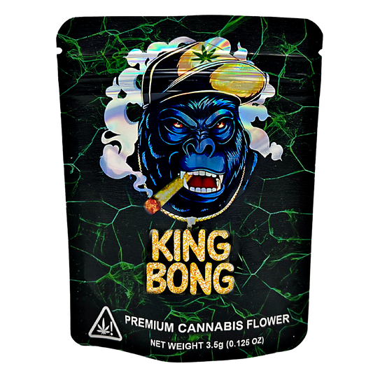 Mylar Bags King Bong premium cannabis flower packaging with a blue gorilla graphic on a black background.