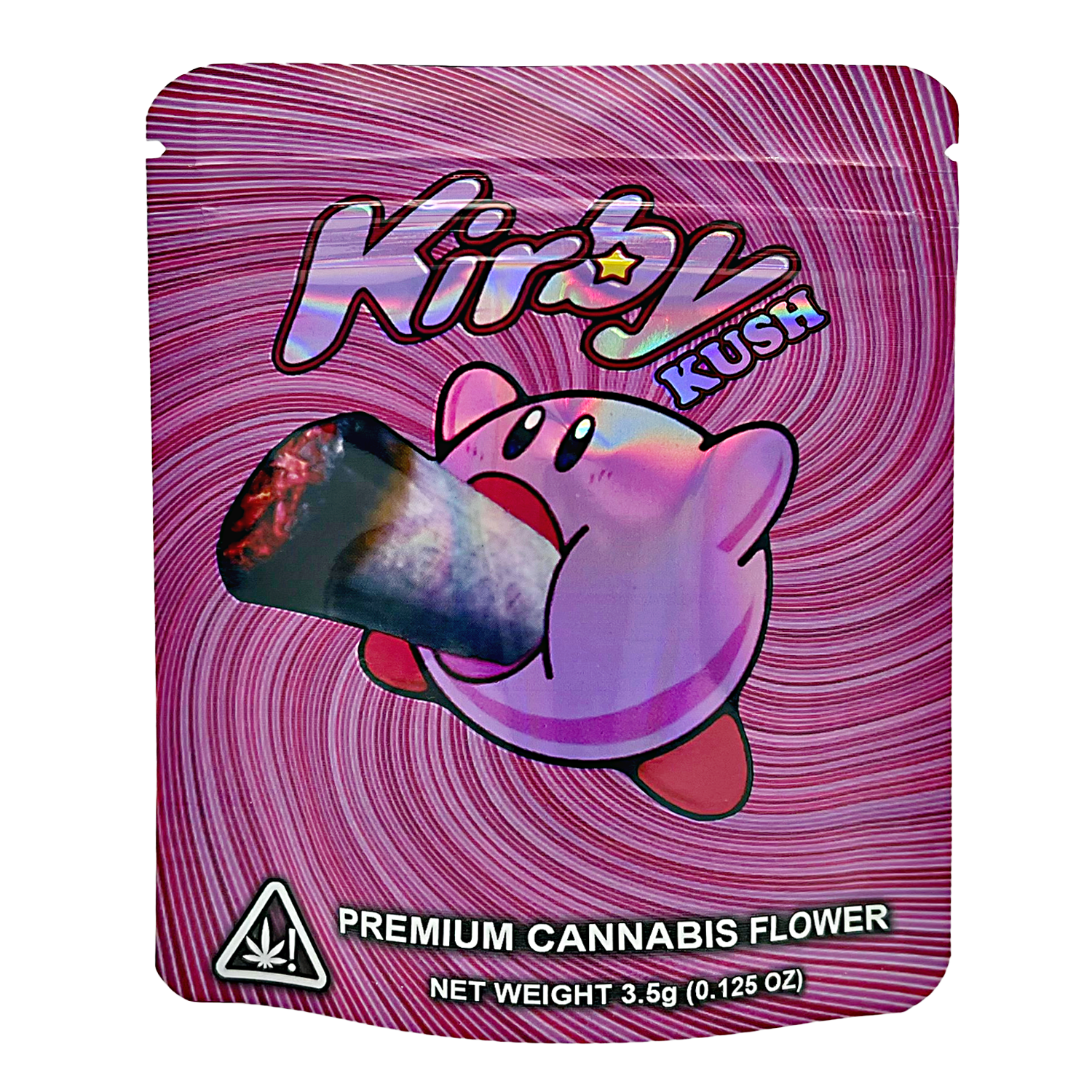 3.5G Mylar Bags, Cannabis Mylar Bags, Where to buy mylar bags, Custom mylar bags near me, Mylar Bags Wholesale. Kush brand packaging with a cartoon character holding a cannabis bud on a pink and purple swirl background.