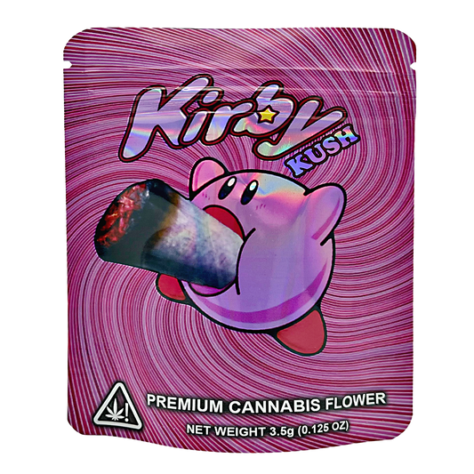 3.5G Mylar Bags, Cannabis Mylar Bags, Where to buy mylar bags, Custom mylar bags near me, Mylar Bags Wholesale. Kush brand packaging with a cartoon character holding a cannabis bud on a pink and purple swirl background.