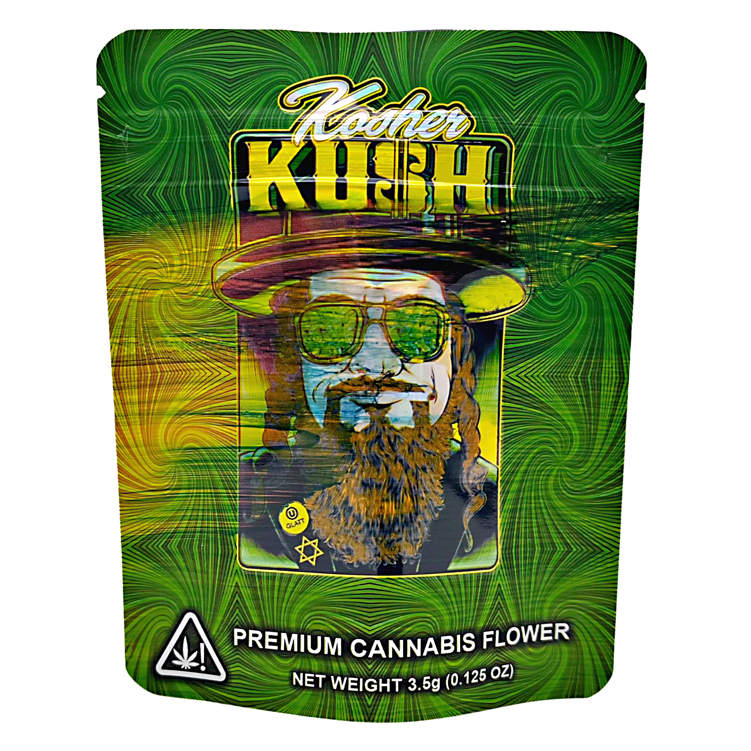 3.5G Mylar Bags, Cannabis Mylar Bags, Where to buy mylar bags, Custom mylar bags near me, Mylar Bags Wholesale. Kush brand packaging with a person wearing sunglasses and a hat on a green and yellow patterned background.