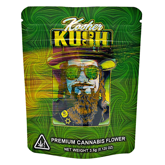 3.5G Mylar Bags, Cannabis Mylar Bags, Where to buy mylar bags, Custom mylar bags near me, Mylar Bags Wholesale. Kush brand packaging with a person wearing sunglasses and a hat on a green and yellow patterned background.