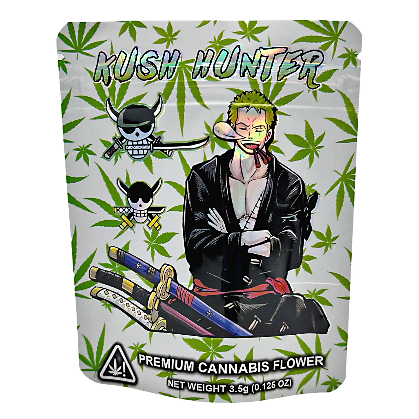3.5G Mylar Bags, Cannabis Mylar Bags, Where to buy mylar bags, Custom mylar bags near me, Mylar Bags Wholesale. Kush Hunter cannabis flower packaging with a stylized character and cannabis leaf pattern.