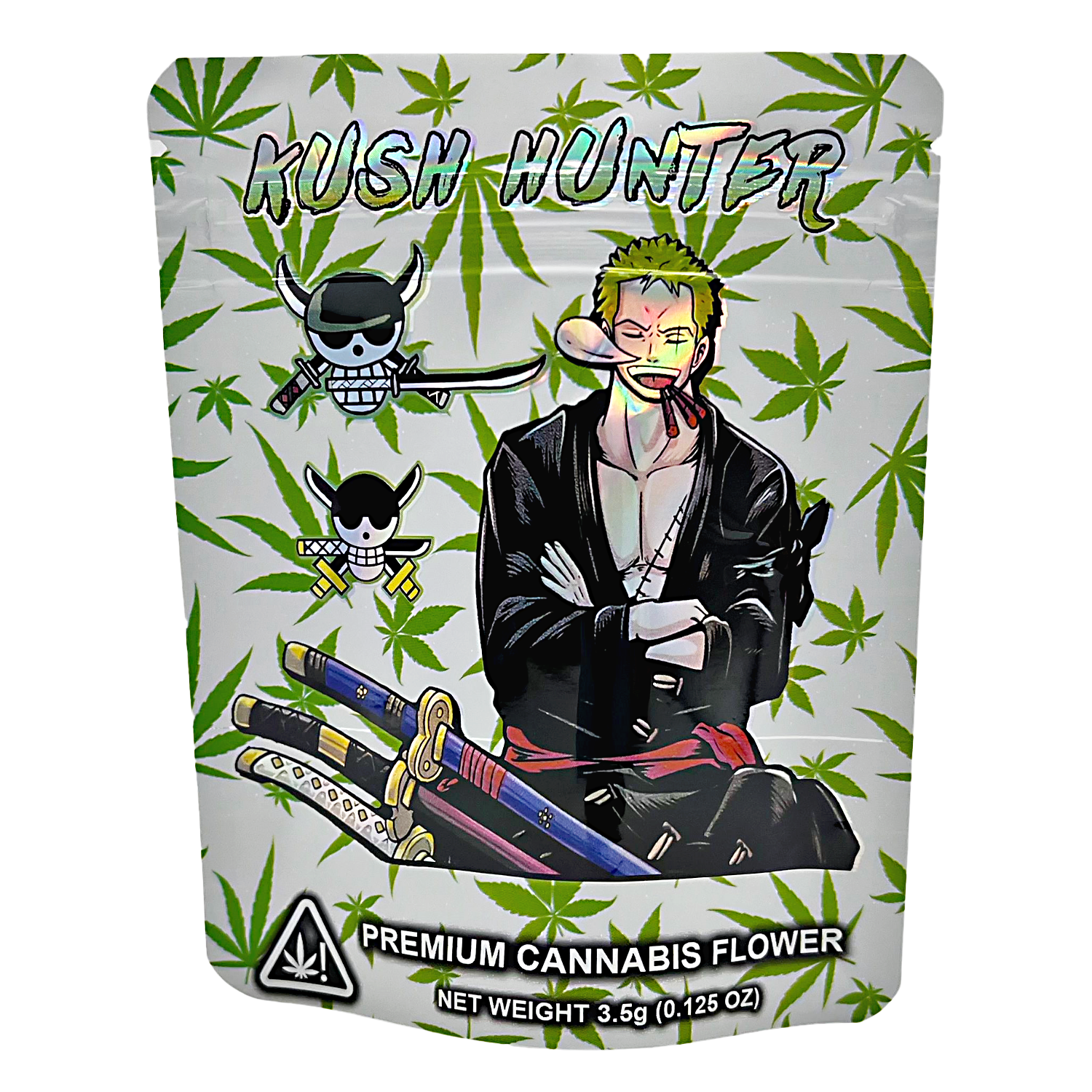 3.5G Mylar Bags, Cannabis Mylar Bags, Where to buy mylar bags, Custom mylar bags near me, Mylar Bags Wholesale. Kush Hunter cannabis flower packaging with a stylized character and cannabis leaf pattern.