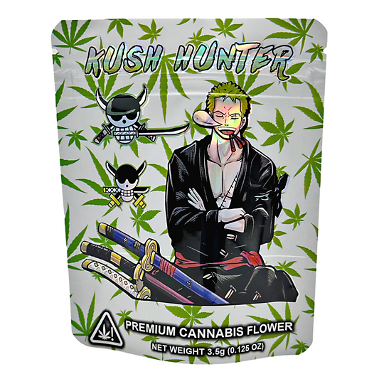 3.5G Mylar Bags, Cannabis Mylar Bags, Where to buy mylar bags, Custom mylar bags near me, Mylar Bags Wholesale. Kush Hunter cannabis flower packaging with a stylized character and cannabis leaf pattern.