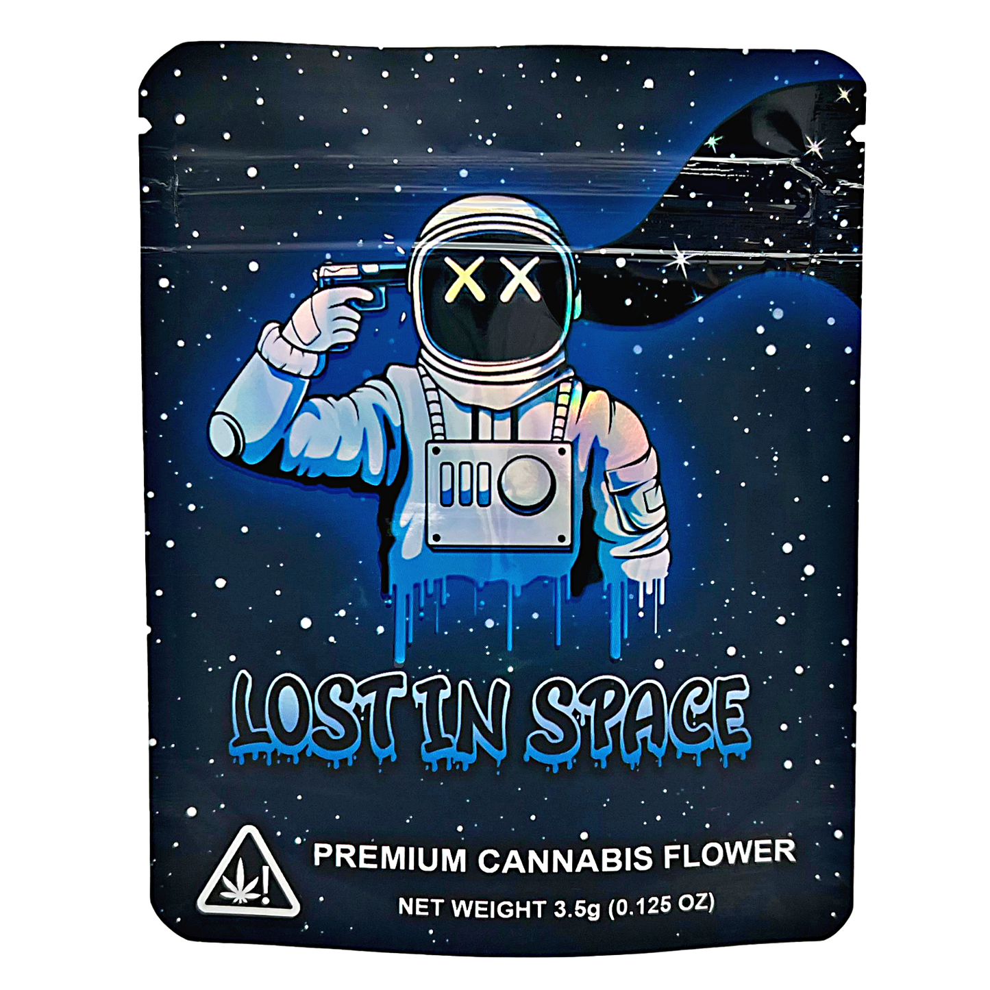 3.5G Mylar Bags, Cannabis Mylar Bags, Where to buy mylar bags, Custom mylar bags near me, Mylar Bags Wholesale. Cannabis packaging with an astronaut design labeled 'Lost in Space'.
