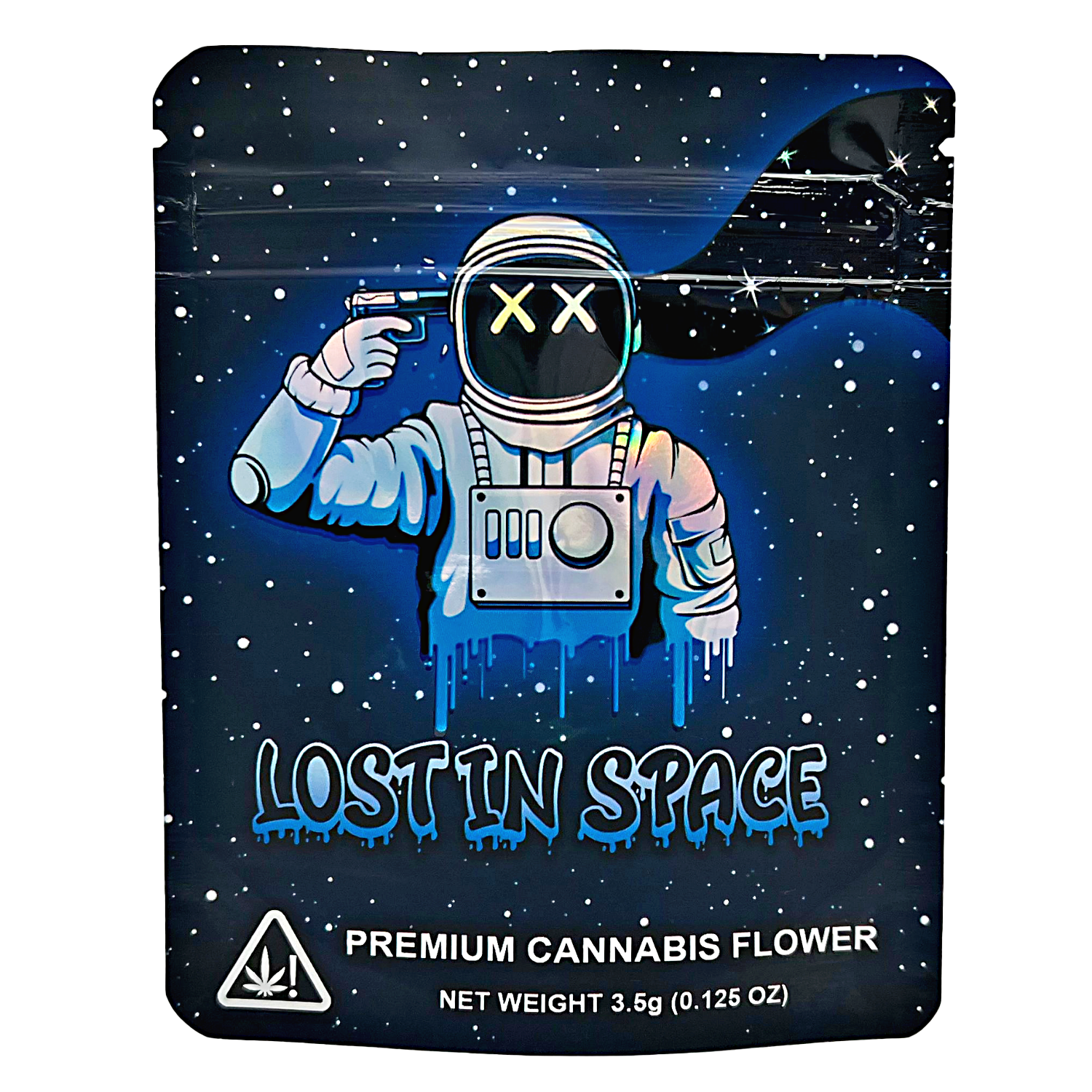 3.5G Mylar Bags, Cannabis Mylar Bags, Where to buy mylar bags, Custom mylar bags near me, Mylar Bags Wholesale. Cannabis packaging with an astronaut design labeled 'Lost in Space'.