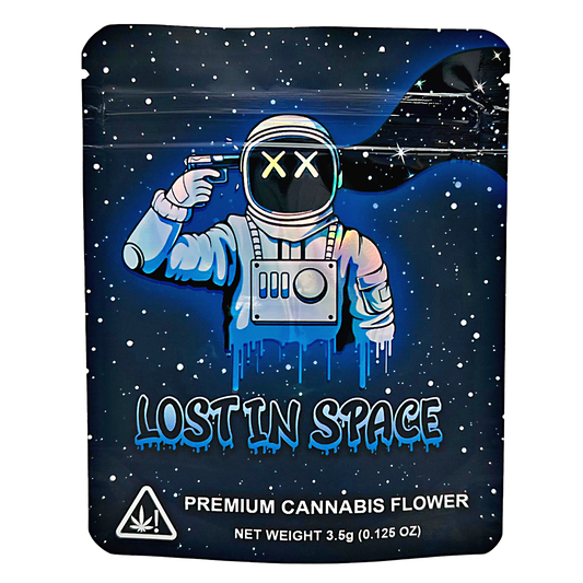 3.5G Mylar Bags, Cannabis Mylar Bags, Where to buy mylar bags, Custom mylar bags near me, Mylar Bags Wholesale. Cannabis packaging with an astronaut design labeled 'Lost in Space'.