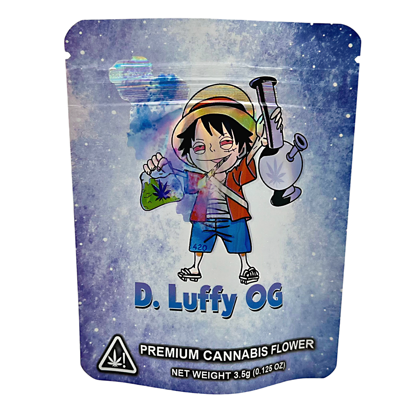 3.5G Mylar Bags, Cannabis Mylar Bags, Where to buy mylar bags, Custom mylar bags near me, Mylar Bags Wholesale. Cannabis packaging with a character design and 'D. Luffy OG' branding.