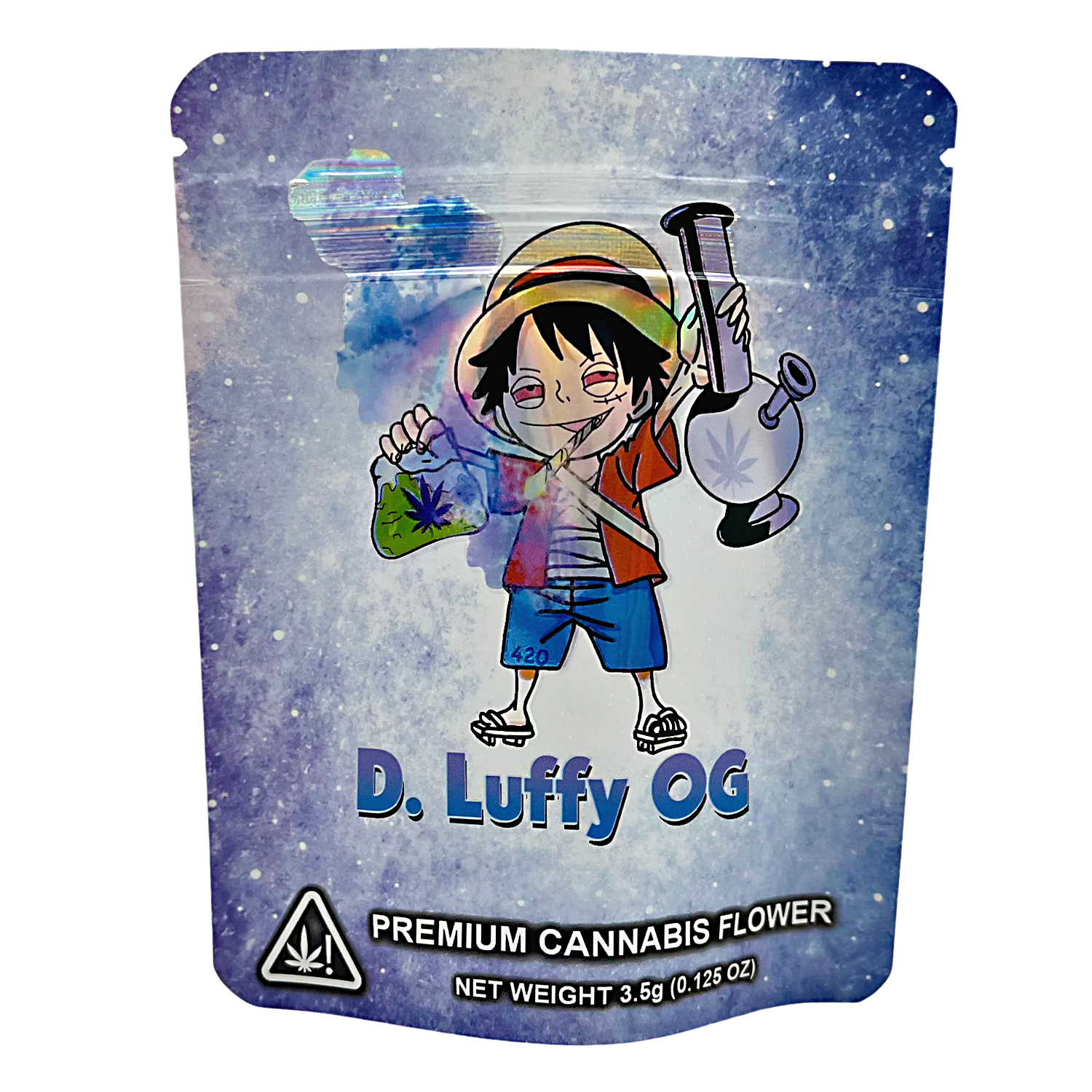 3.5G Mylar Bags, Cannabis Mylar Bags, Where to buy mylar bags, Custom mylar bags near me, Mylar Bags Wholesale. Cannabis packaging with a character design and 'D. Luffy OG' branding.