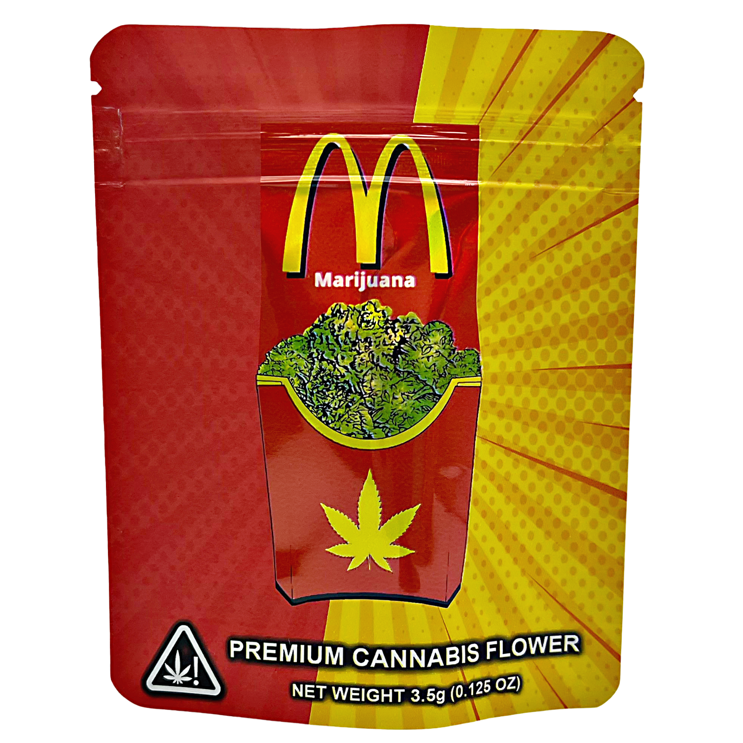 3.5G Mylar Bags, Cannabis Mylar Bags, Where to buy mylar bags, Custom mylar bags near me, Mylar Bags Wholesale. Red and yellow package labeled 'Marijuana' with a cannabis leaf on a white background