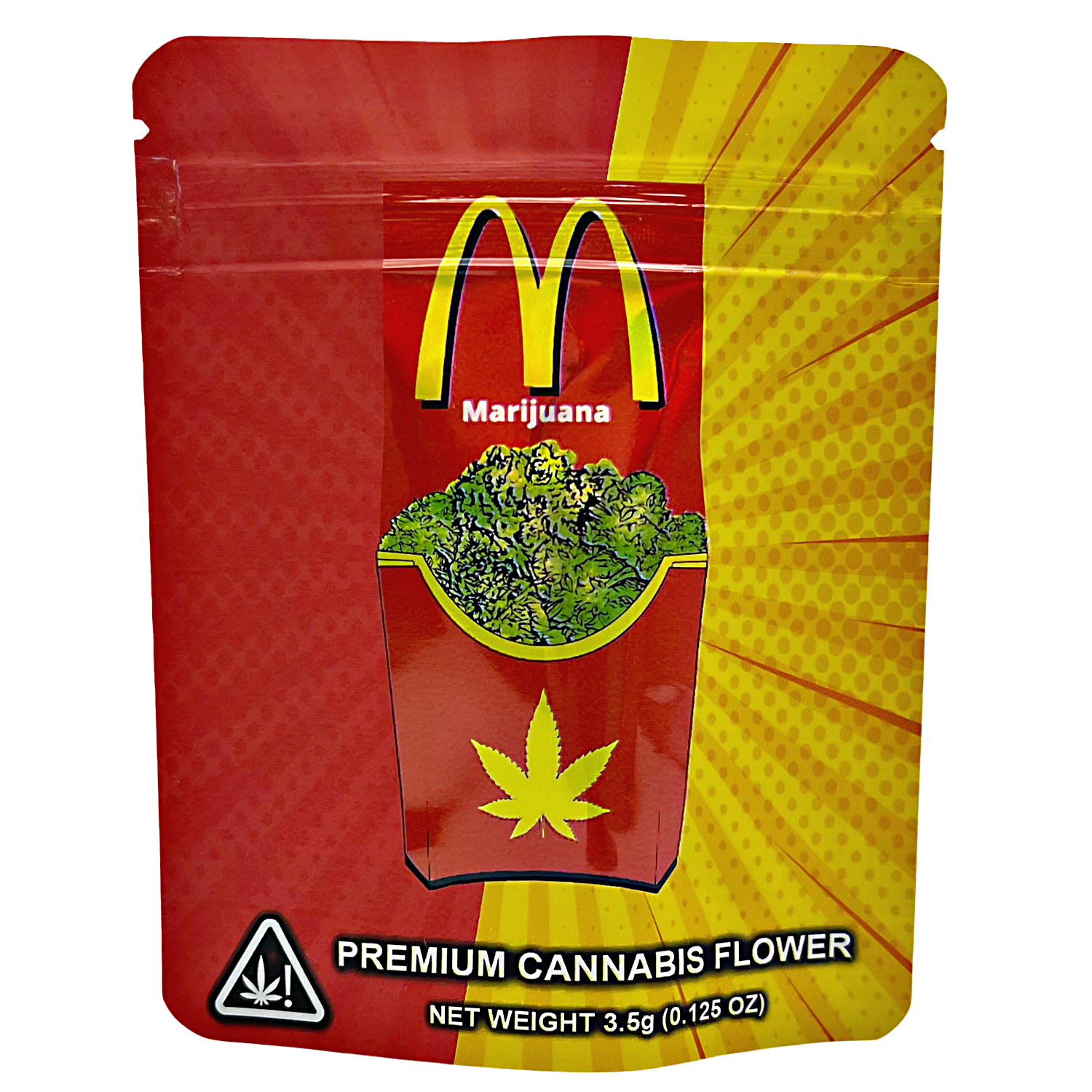 3.5G Mylar Bags, Cannabis Mylar Bags, Where to buy mylar bags, Custom mylar bags near me, Mylar Bags Wholesale. Red and yellow package labeled 'Marijuana' with a cannabis leaf on a white background