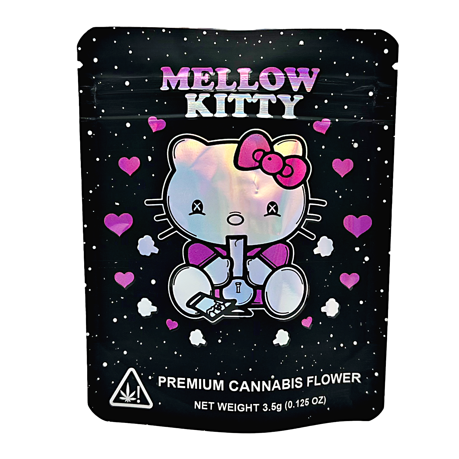 3.5G Mylar Bags, Cannabis Mylar Bags, Where to buy mylar bags, Custom mylar bags near me, Mylar Bags Wholesale. Mellow Kitty branded cannabis flower packaging with cartoon cat design on a black background.