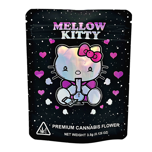 3.5G Mylar Bags, Cannabis Mylar Bags, Where to buy mylar bags, Custom mylar bags near me, Mylar Bags Wholesale. Mellow Kitty branded cannabis flower packaging with cartoon cat design on a black background.