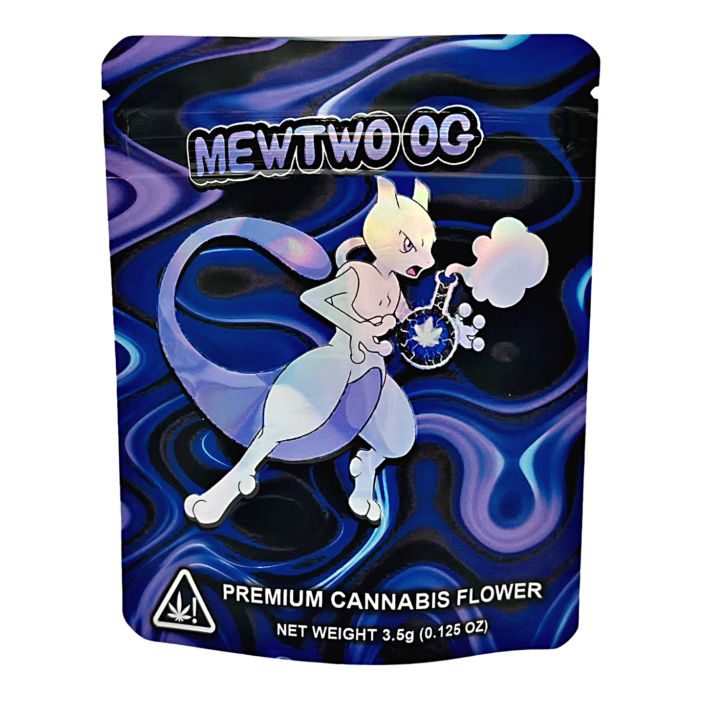 3.5G Mylar Bags, Cannabis Mylar Bags, Where to buy mylar bags, Custom mylar bags near me, Mylar Bags Wholesale. Cannabis packaging with a character design and 'Mewtwo OG' branding on a blue and purple swirl background.