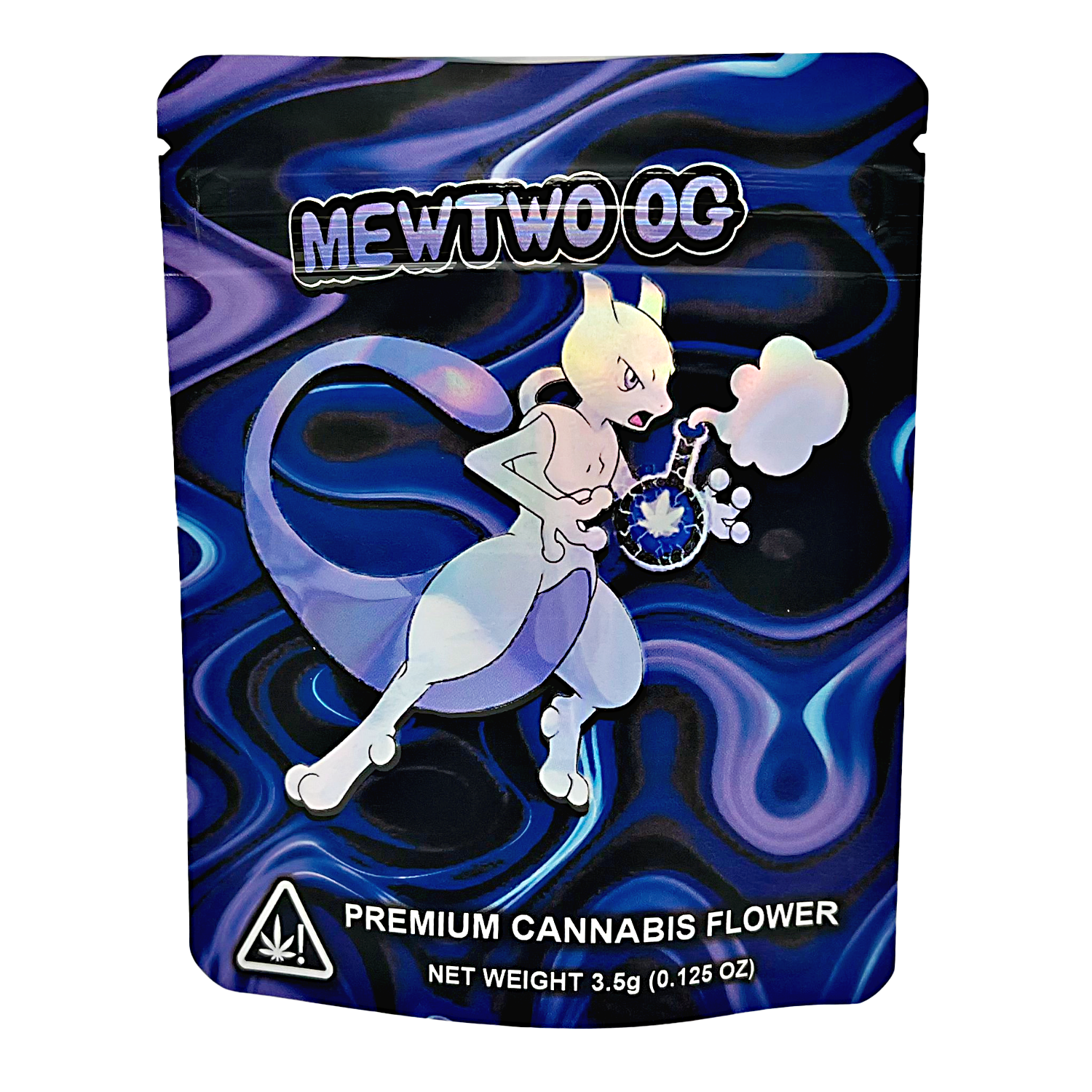 3.5G Mylar Bags, Cannabis Mylar Bags, Where to buy mylar bags, Custom mylar bags near me, Mylar Bags Wholesale. Cannabis packaging with a character design and 'Mewtwo OG' branding on a blue and purple swirl background.