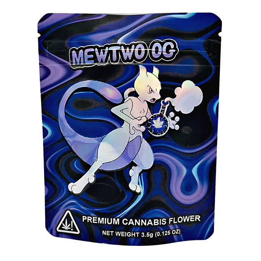 3.5G Mylar Bags, Cannabis Mylar Bags, Where to buy mylar bags, Custom mylar bags near me, Mylar Bags Wholesale. Cannabis packaging with a character design and 'Mewtwo OG' branding on a blue and purple swirl background.