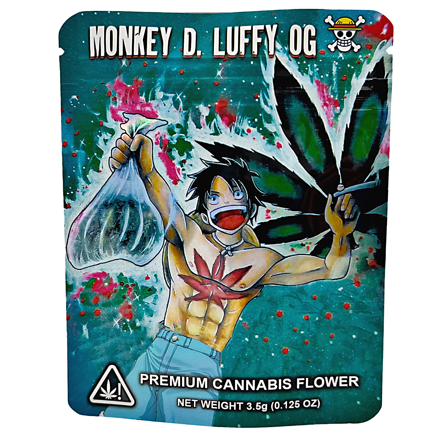 3.5G Mylar Bags, Cannabis Mylar Bags, Where to buy mylar bags, Custom mylar bags near me, Mylar Bags Wholesale. Cannabis packaging with a character holding a bag of flowers, labeled 'Monkey D. Luffy DG'.