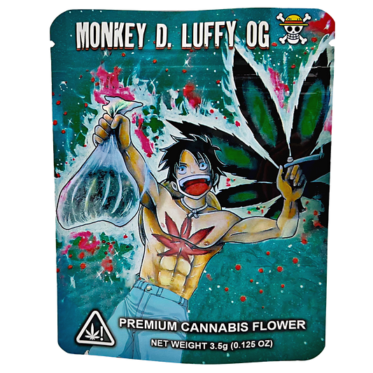 3.5G Mylar Bags, Cannabis Mylar Bags, Where to buy mylar bags, Custom mylar bags near me, Mylar Bags Wholesale. Cannabis packaging with a character holding a bag of flowers, labeled 'Monkey D. Luffy DG'.