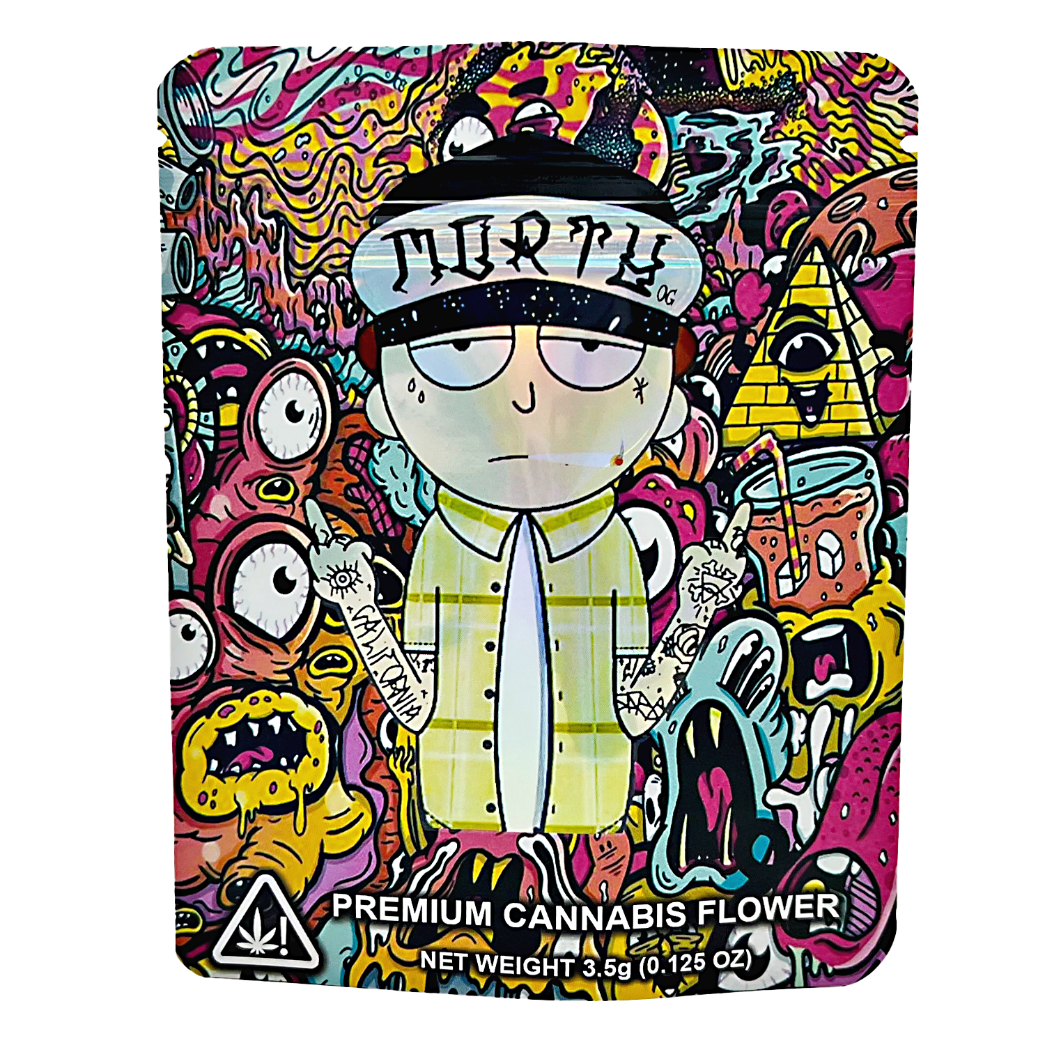3.5G Mylar Bags, Cannabis Mylar Bags, Where to buy mylar bags, Custom mylar bags near me, Mylar Bags Wholesale. Colorful packaging of premium cannabis flower with cartoon character and abstract designs.