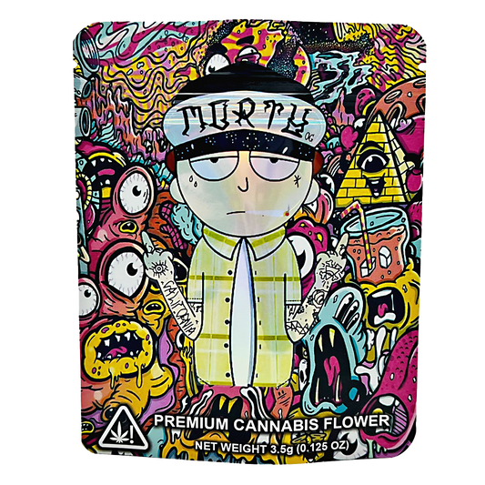 3.5G Mylar Bags, Cannabis Mylar Bags, Where to buy mylar bags, Custom mylar bags near me, Mylar Bags Wholesale. Colorful packaging of premium cannabis flower with cartoon character and abstract designs.