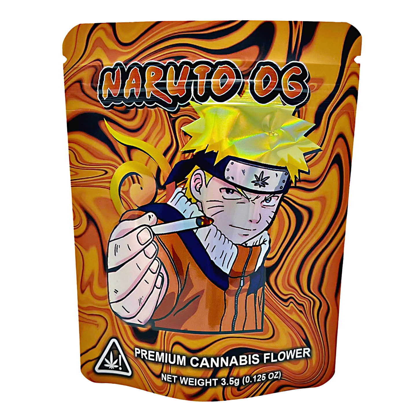 Mylar Bag Packaging of 'Naruto OG' premium cannabis flower with an anime character design.
