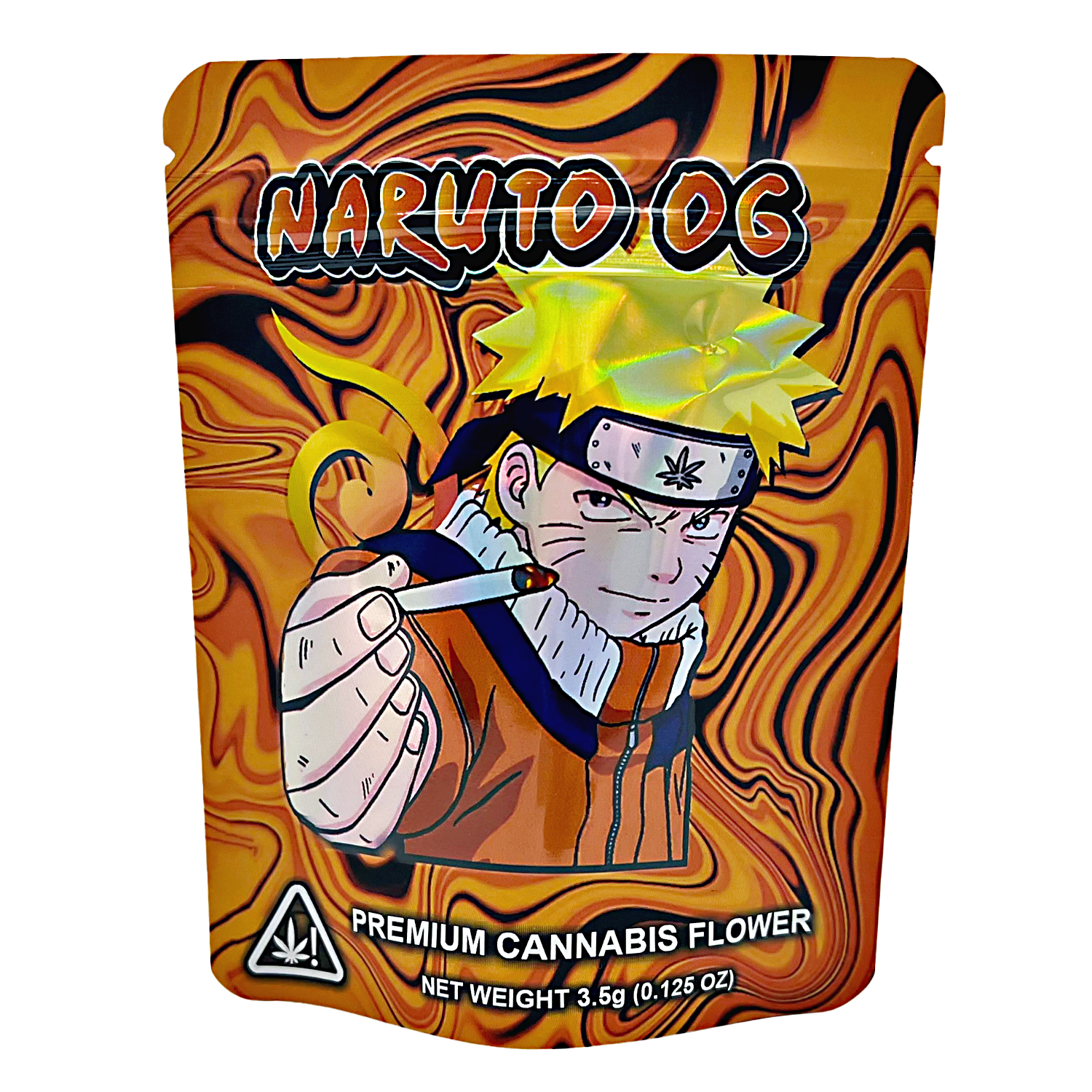 Mylar Bag Packaging of 'Naruto OG' premium cannabis flower with an anime character design.