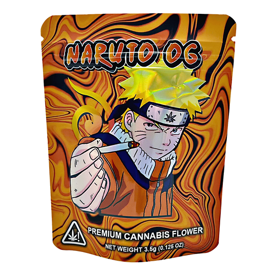 Mylar Bag Packaging of 'Naruto OG' premium cannabis flower with an anime character design.