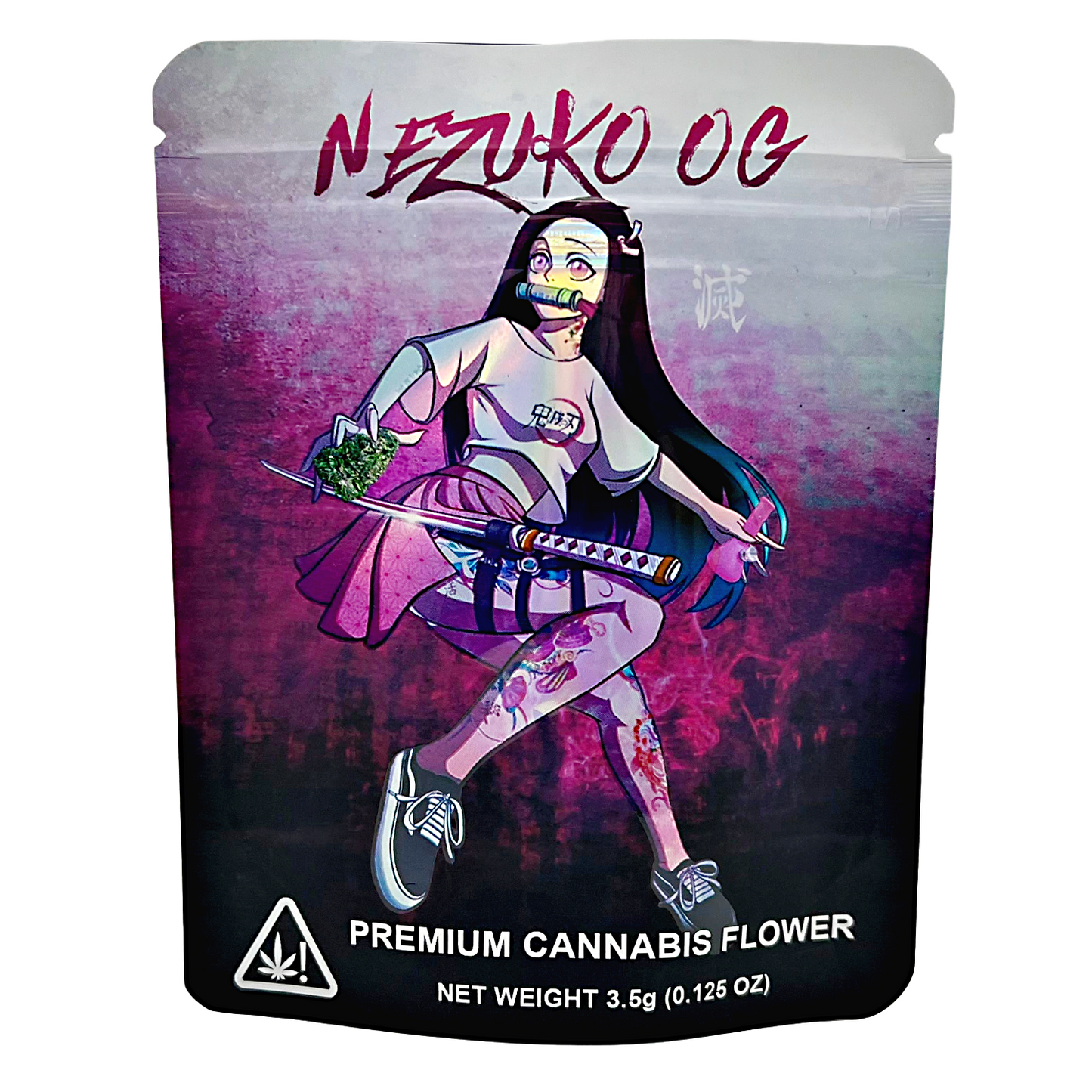 3.5G Mylar Bags, Cannabis Mylar Bags, Where to buy mylar bags, Custom mylar bags near me, Mylar Bags Wholesale. Cannabis packaging with an animated character holding cannabis leaves on a purple and black background.
