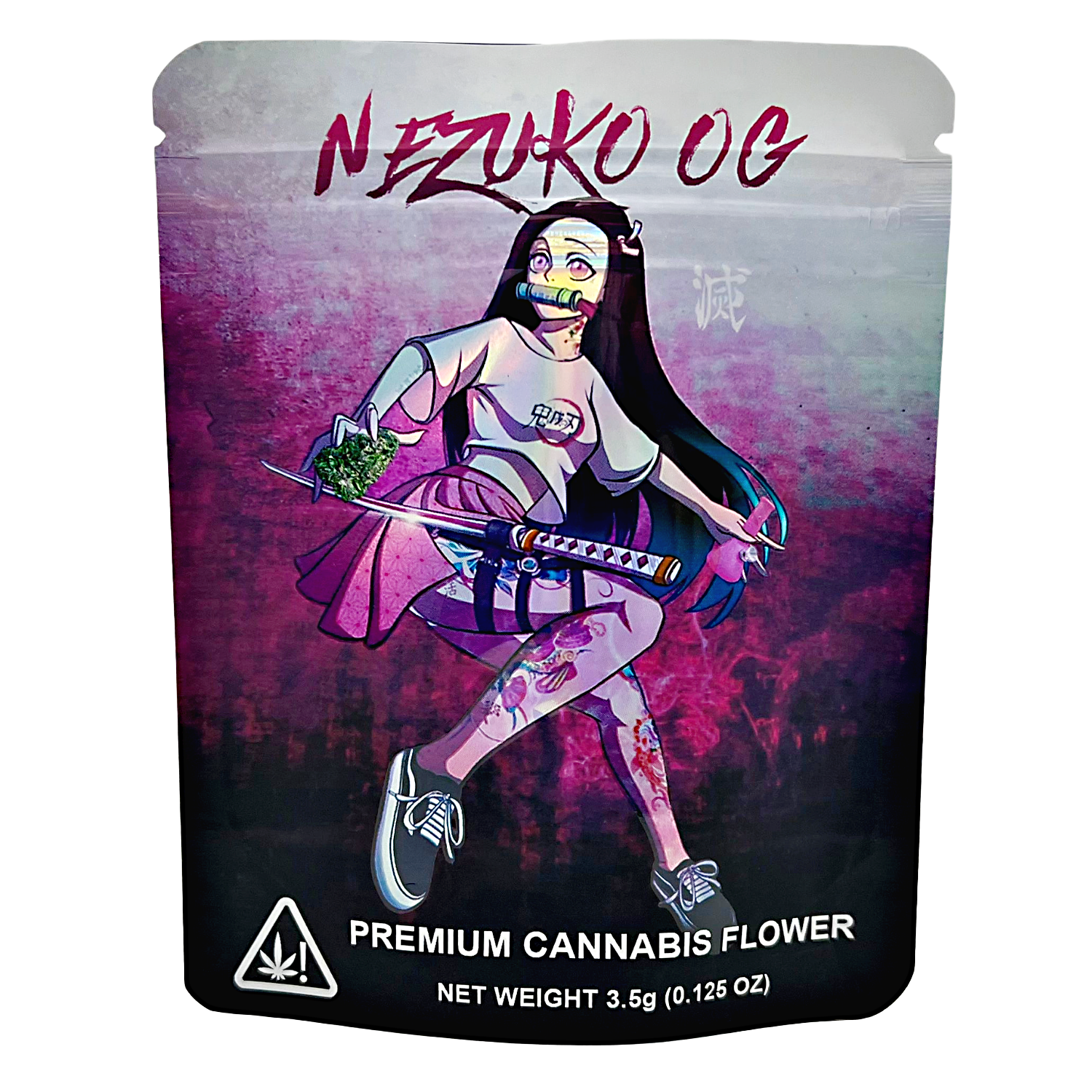 3.5G Mylar Bags, Cannabis Mylar Bags, Where to buy mylar bags, Custom mylar bags near me, Mylar Bags Wholesale. Cannabis packaging with an animated character holding cannabis leaves on a purple and black background.