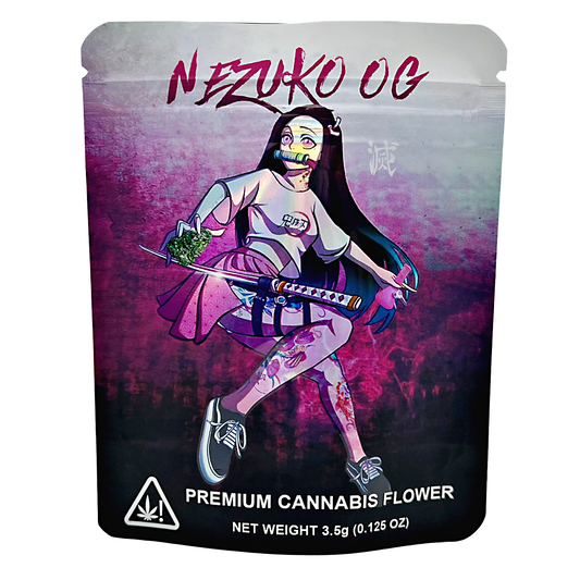3.5G Mylar Bags, Cannabis Mylar Bags, Where to buy mylar bags, Custom mylar bags near me, Mylar Bags Wholesale. Cannabis packaging with an animated character holding cannabis leaves on a purple and black background.