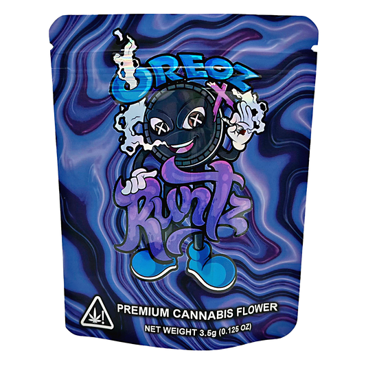 3.5G Mylar Bags, Cannabis Mylar Bags, Where to buy mylar bags, Custom mylar bags near me, Mylar Bags Wholesale. Cannabis packaging with cartoon character and 'OREO' branding on a blue and purple swirl background