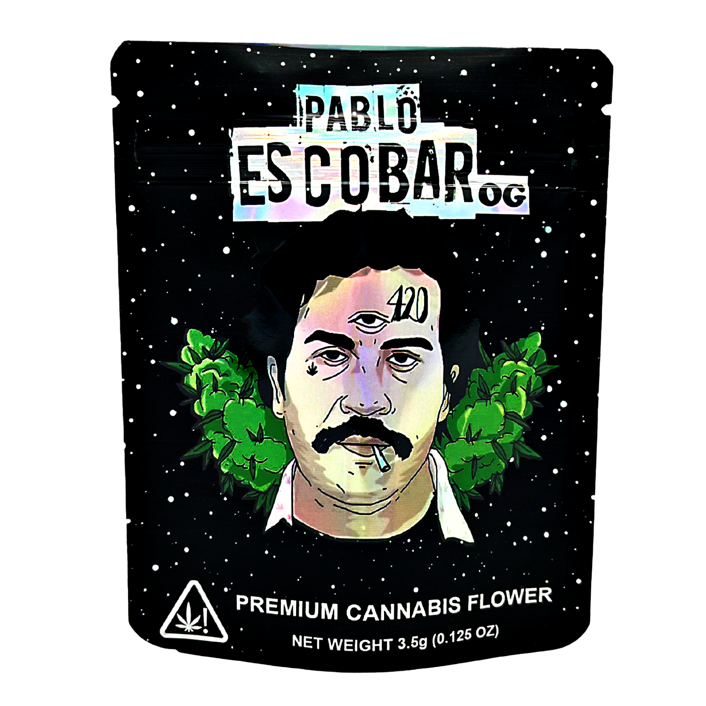 3.5G Mylar Bags, Cannabis Mylar Bags, Where to buy mylar bags, Custom mylar bags near me, Mylar Bags Wholesale. Pablo Escobar branded cannabis flower packaging with a black background and star-like patterns.