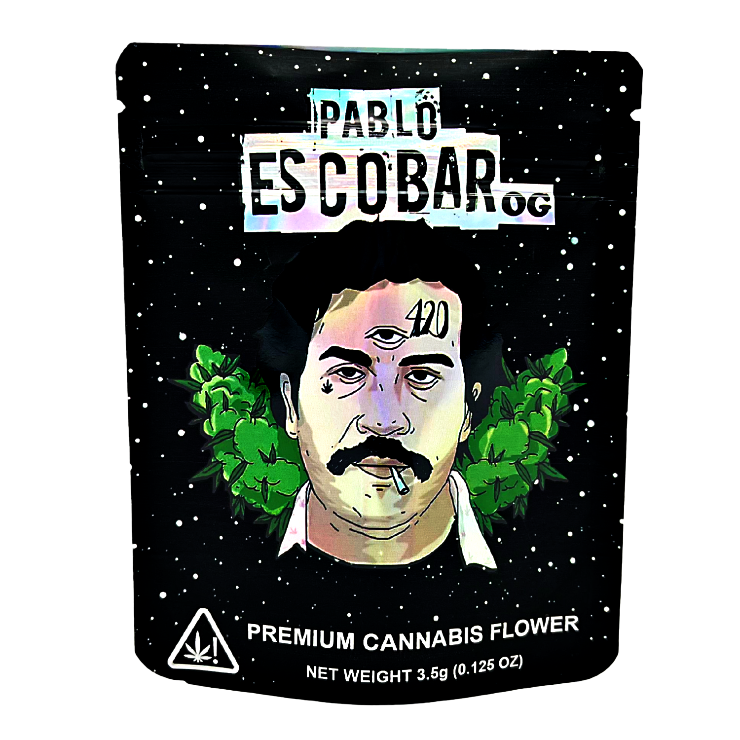 3.5G Mylar Bags, Cannabis Mylar Bags, Where to buy mylar bags, Custom mylar bags near me, Mylar Bags Wholesale. Pablo Escobar branded cannabis flower packaging with a black background and star-like patterns.
