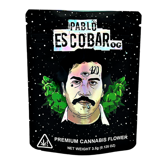 3.5G Mylar Bags, Cannabis Mylar Bags, Where to buy mylar bags, Custom mylar bags near me, Mylar Bags Wholesale. Pablo Escobar branded cannabis flower packaging with a black background and star-like patterns.