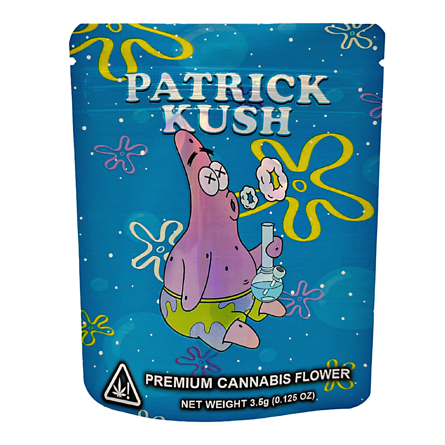 3.5G Mylar Bags, Cannabis Mylar Bags, Where to buy mylar bags, Custom mylar bags near me, Mylar Bags Wholesale. Patrick Kush premium cannabis flower packaging with cartoon character on blue background