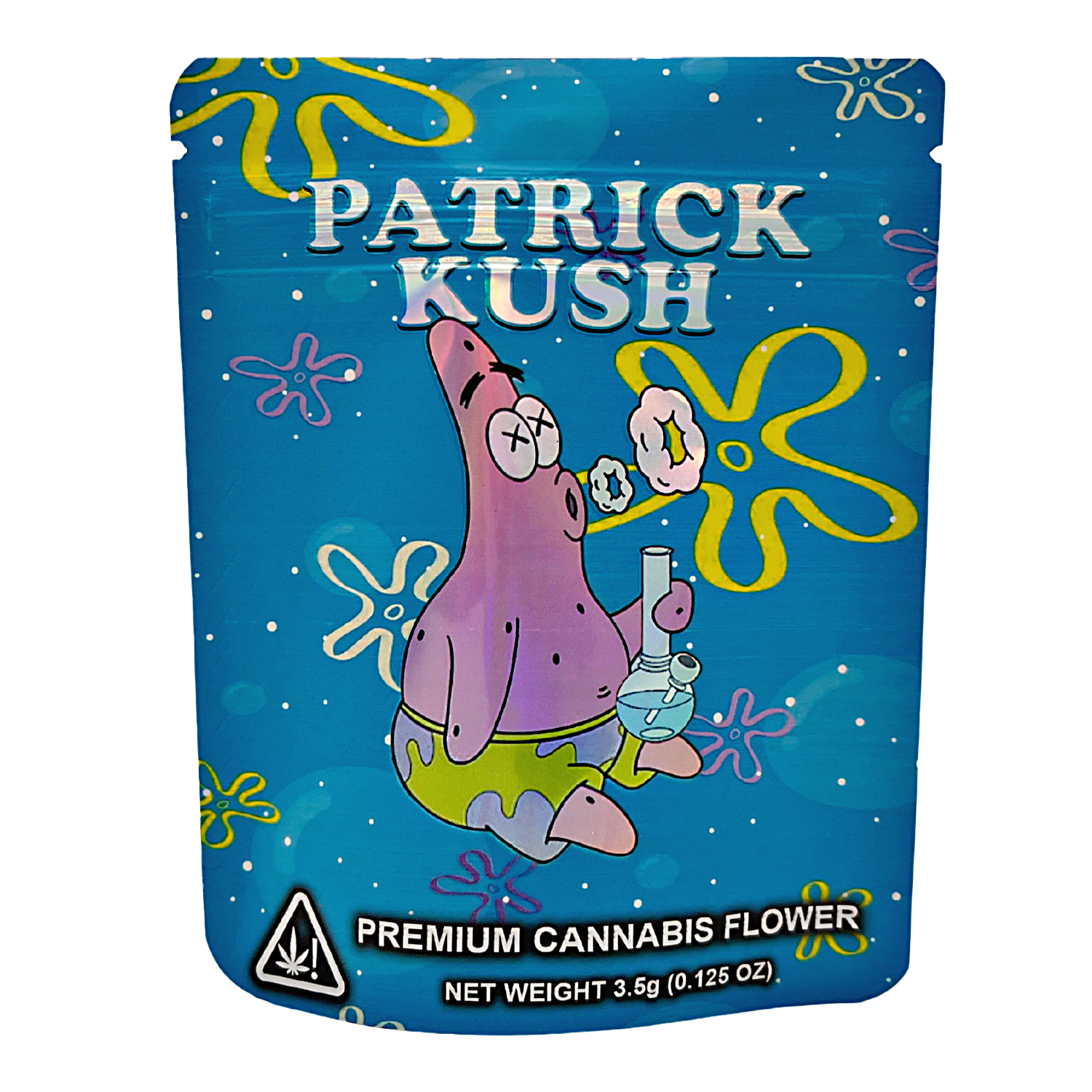 3.5G Mylar Bags, Cannabis Mylar Bags, Where to buy mylar bags, Custom mylar bags near me, Mylar Bags Wholesale. Patrick Kush premium cannabis flower packaging with cartoon character on blue background